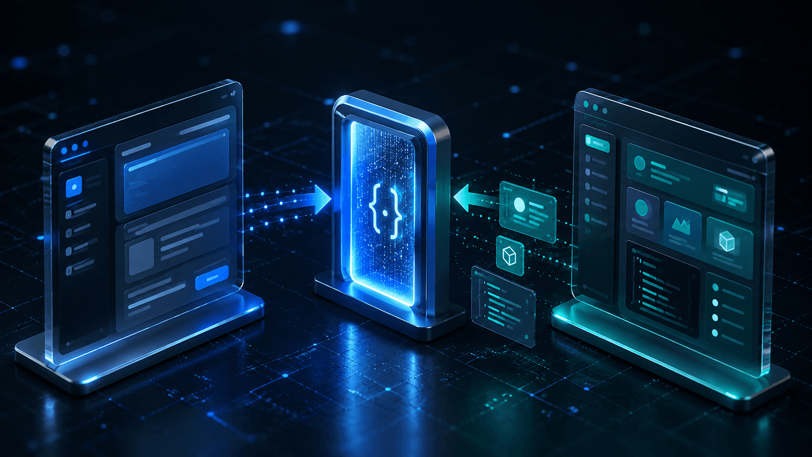 Illustration 3D réaliste d’un échange de données entre deux applications via une passerelle API, avec flux de requête, réponse structurée et interface technologique futuriste